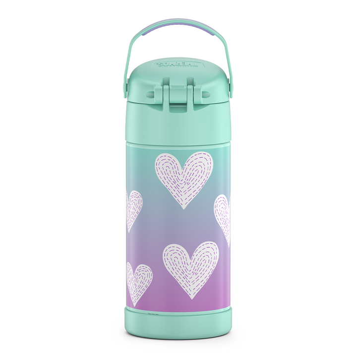 12 ounce Funtainer water bottle, back view, handle up, Purple Hearts Pattern.