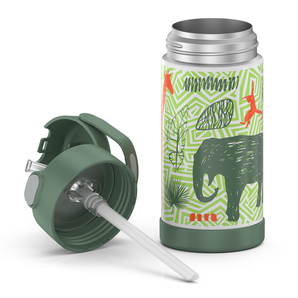 12 ounce Funtainer water bottle, Jungle Kingdom Pattern, unassembled - lid removed.