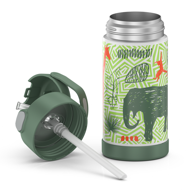 12 ounce Funtainer water bottle, Jungle Kingdom Pattern, unassembled - lid removed.
