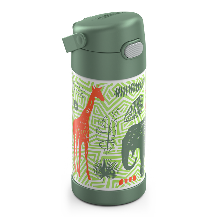 12 ounce Funtainer water bottle, Jungle Kingdom Pattern, side view, handle down.
