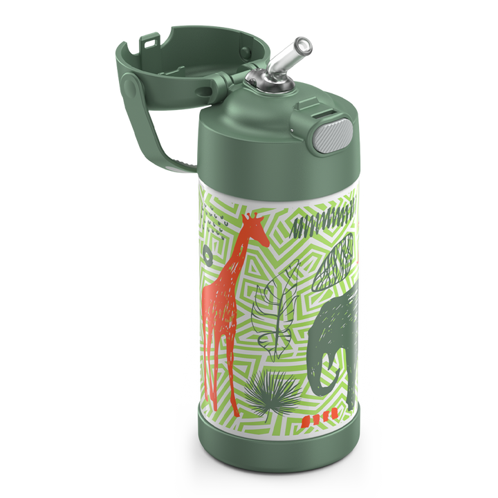 12 ounce Funtainer water bottle, Jungle Kingdom Pattern, straw inset.