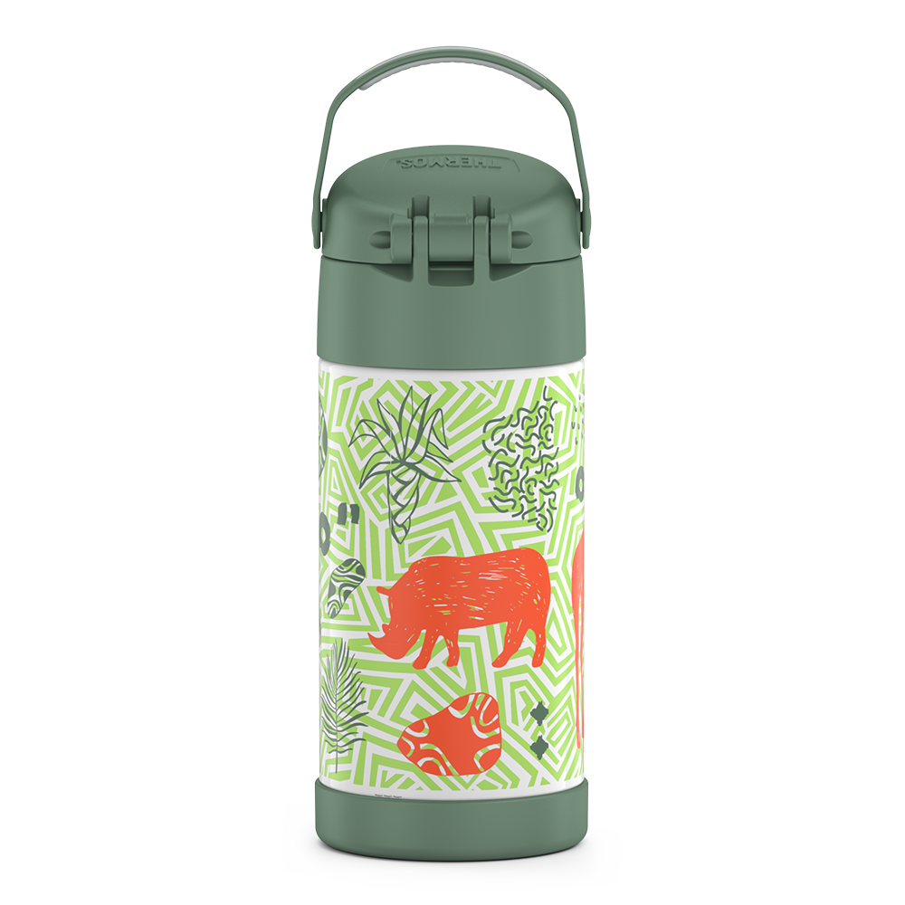 12 ounce Funtainer water bottle, back view, handle up, Jungle Kingdom Pattern.