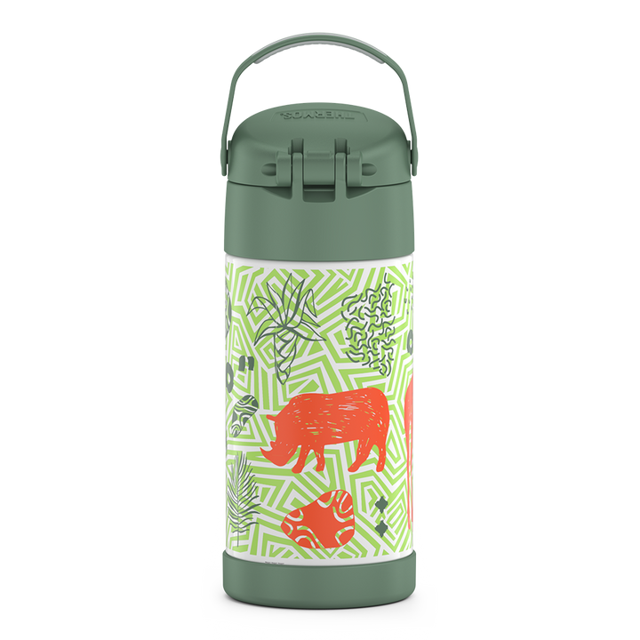 12 ounce Funtainer water bottle, back view, handle up, Jungle Kingdom Pattern.