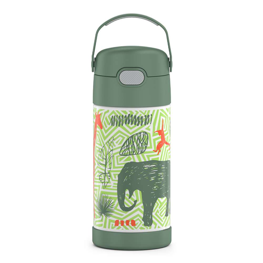 12 ounce Funtainer water bottle with handle up, Jungle Kingdom Pattern.