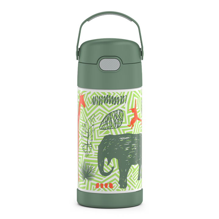 12 ounce Funtainer water bottle with handle up, Jungle Kingdom Pattern.