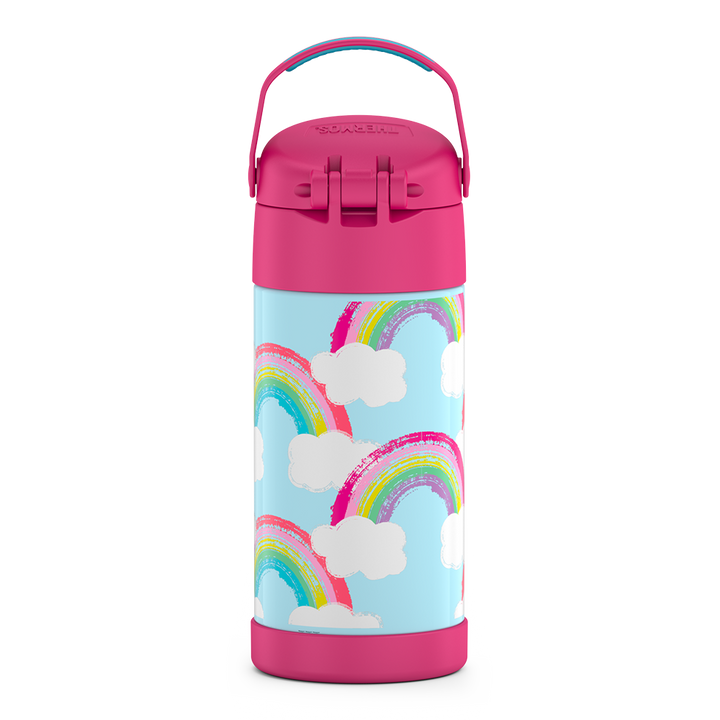 12 ounce Funtainer water bottle, back view, handle up, rainbows and clouds Pattern.
