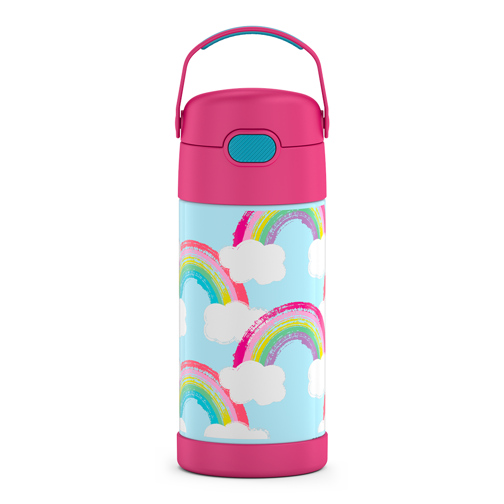 12 ounce Funtainer water bottle with handle up, rainbows and clouds Pattern.