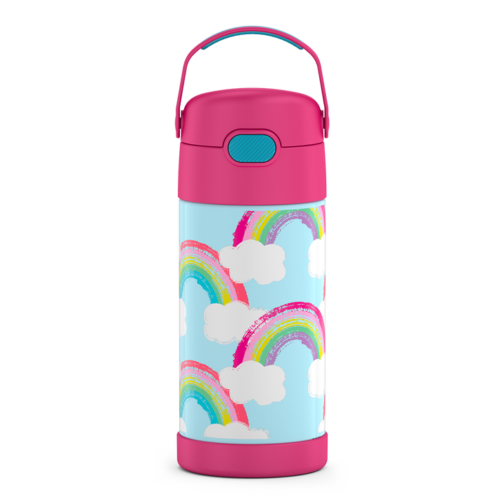 12 ounce Funtainer water bottle with handle up, rainbows and clouds Pattern.