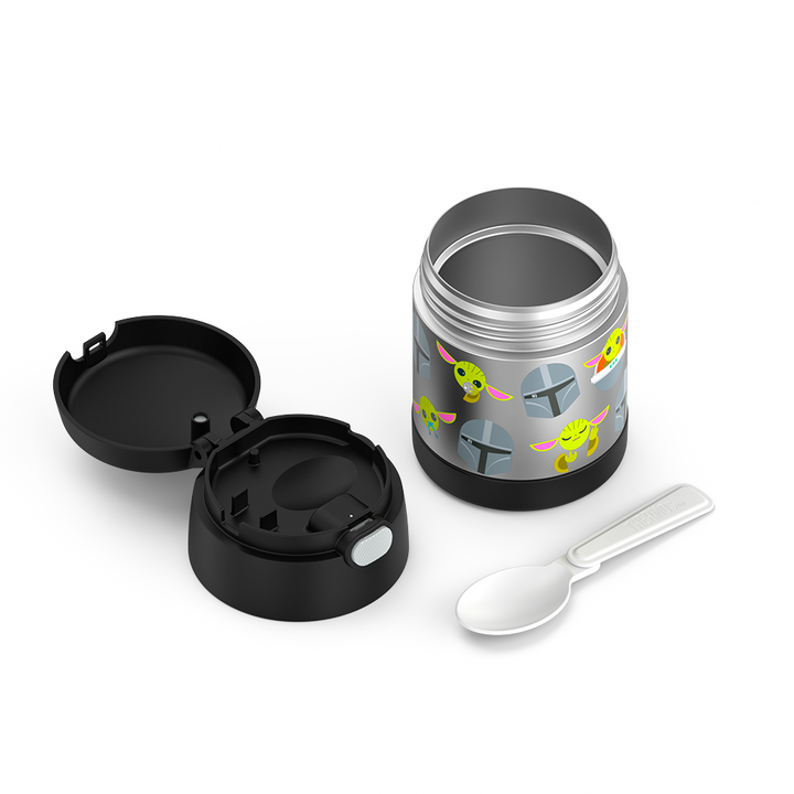 10 ounce Funtainer food jar, Mandalorian disassembled with lid open, but empty to show spoon compartment and spoon next to jar, unfolded.