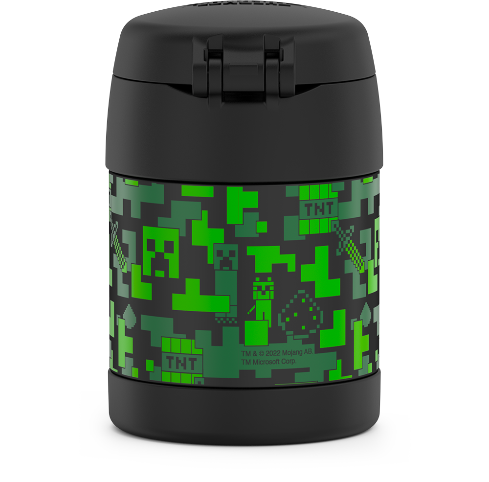 10 ounce Funtainer food jar, Minecraft back view featuring characters and symbols