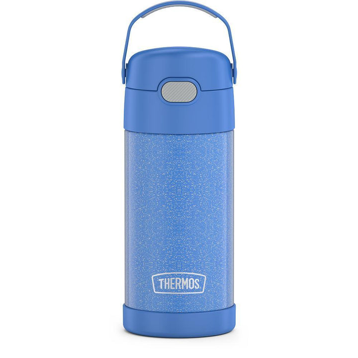 12 ounce Funtainer water bottle with handle up, Periwinkle Glitter.