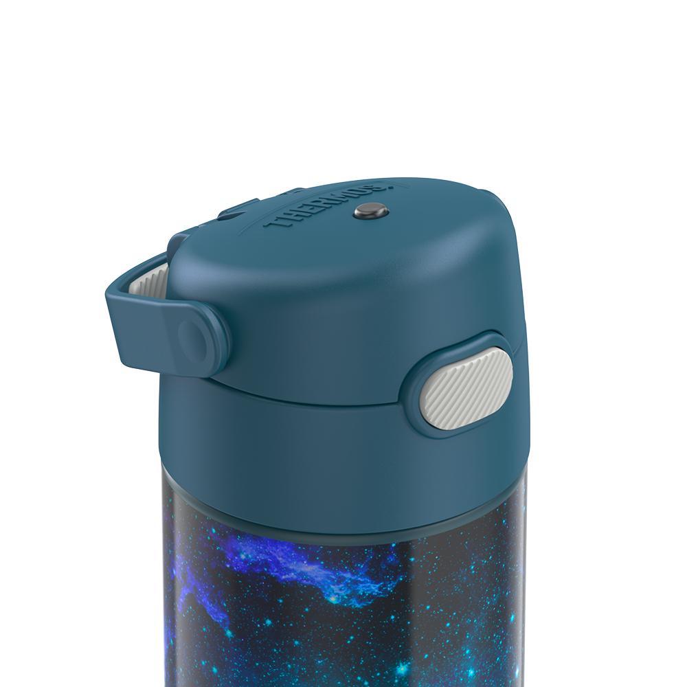 16-ounce Funtainer Stainless Steel Water Bottle with Spout, Galaxy Teal, side view, lid close-up, handle down.