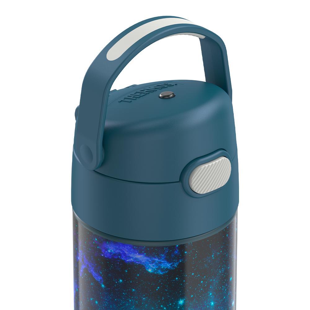 16-ounce Funtainer Stainless Steel Water Bottle with Spout, Galaxy Teal, side view, lid close-up, handle up.