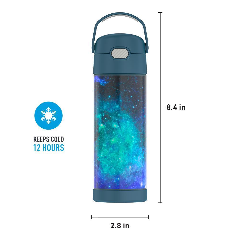16-ounce Funtainer Stainless Steel Water Bottle with Spout, Galaxy Teal, front view with handle up. 8.4 inches tall, 2.8 inches wide at base. Keeps Cold 12 Hours.