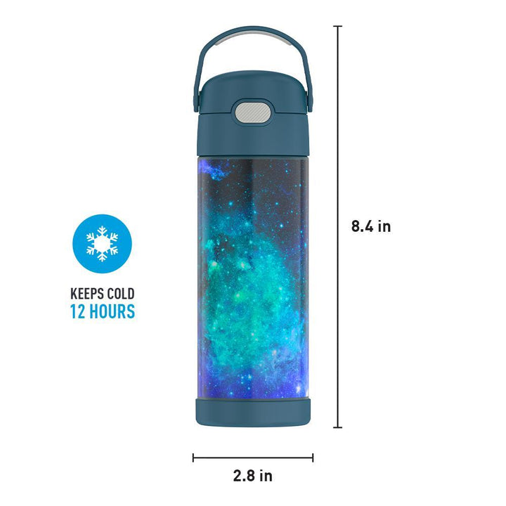 16-ounce Funtainer Stainless Steel Water Bottle with Spout, Galaxy Teal, front view with handle up. 8.4 inches tall, 2.8 inches wide at base. Keeps Cold 12 Hours.