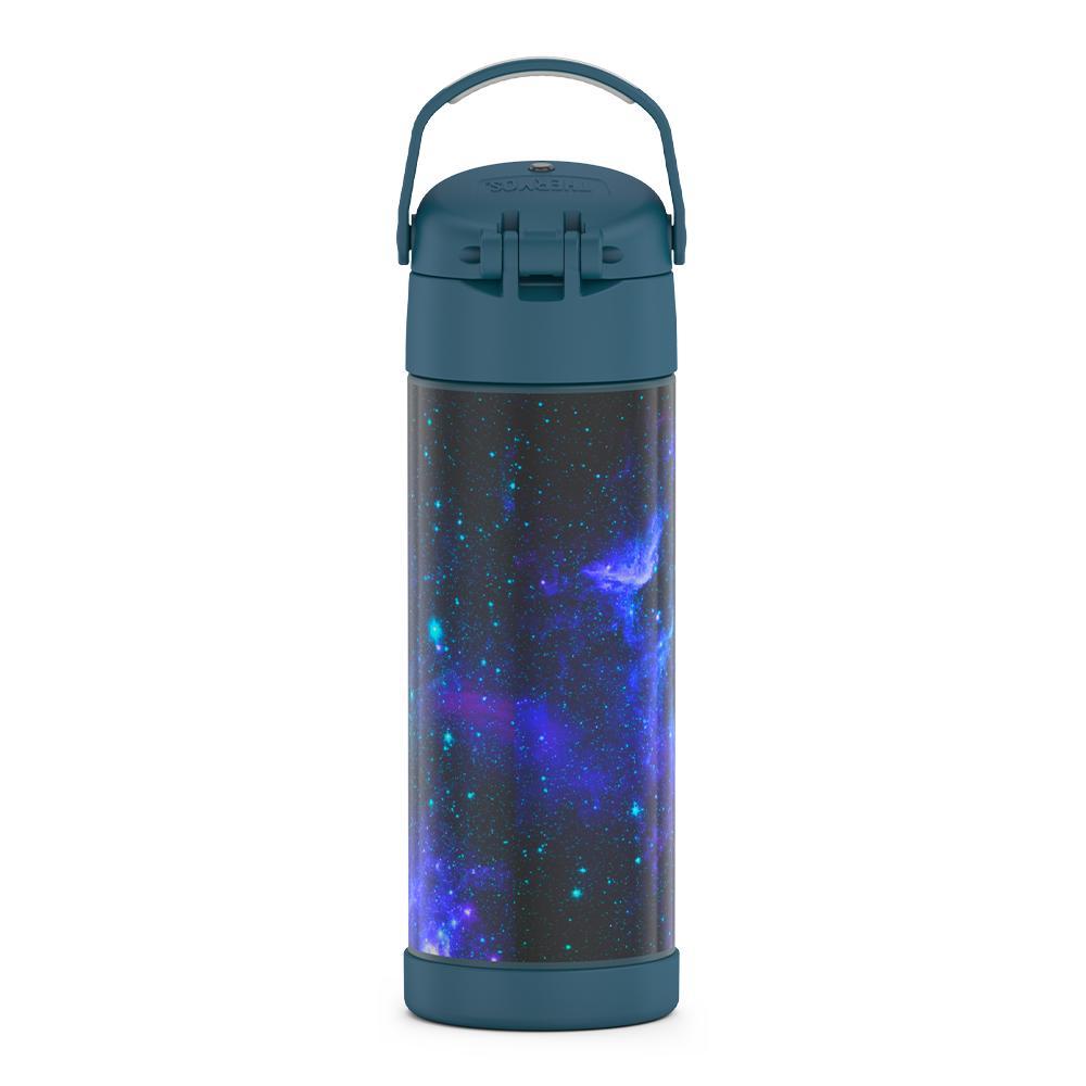 16-ounce Funtainer Stainless Steel Water Bottle with Spout, back view, handle up, Galaxy Teal.