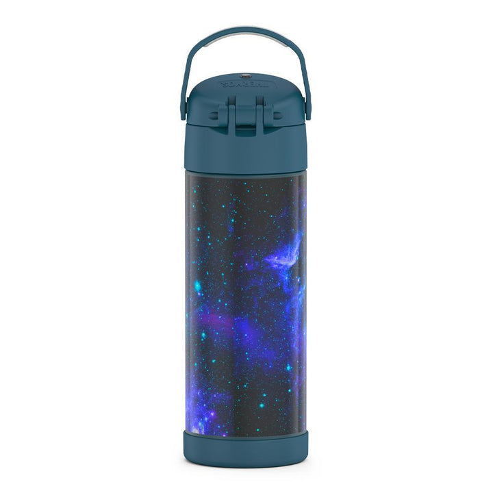 16-ounce Funtainer Stainless Steel Water Bottle with Spout, back view, handle up, Galaxy Teal.
