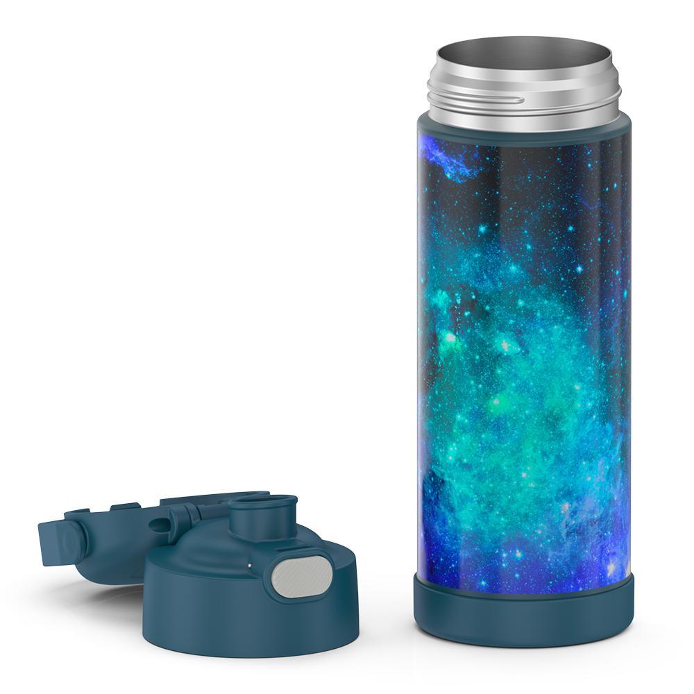 16-ounce Funtainer Stainless Steel Water Bottle with Spout, Galaxy Teal, unassembled - lid removed.