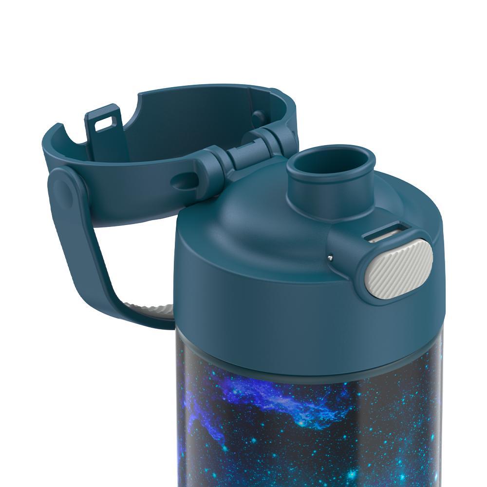 16-ounce Funtainer Stainless Steel Water Bottle with Spout, Galaxy Teal, side view, lid close-up, lid open showing spout.