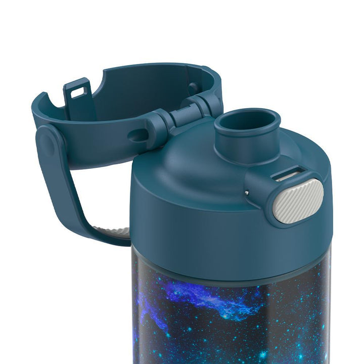 16-ounce Funtainer Stainless Steel Water Bottle with Spout, Galaxy Teal, side view, lid close-up, lid open showing spout.