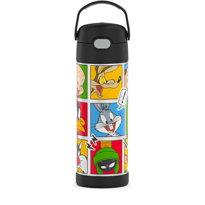 16-ounce Funtainer Stainless Steel Water Bottle with Spout, Looney Tunes characters, Black, front view, handle up.