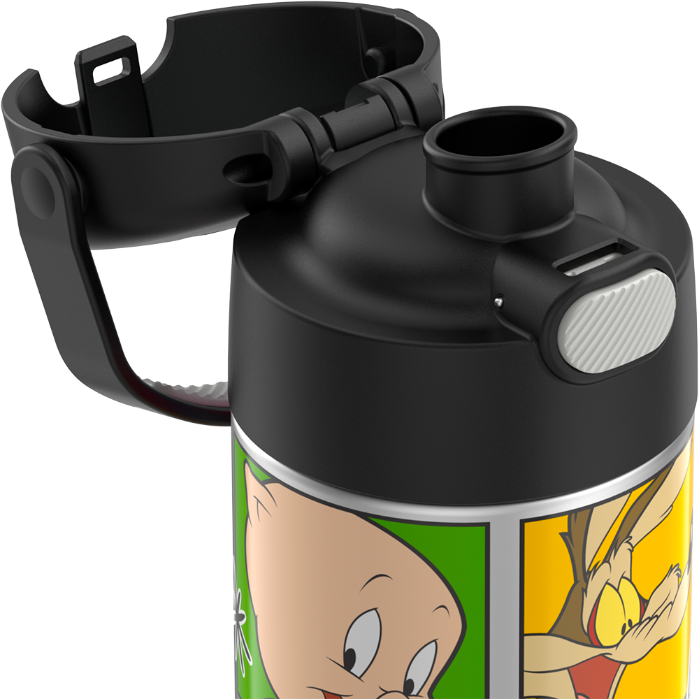16-ounce Funtainer Stainless Steel Water Bottle with Spout, Looney Tunes characters, Black, side view, lid open showing spout.