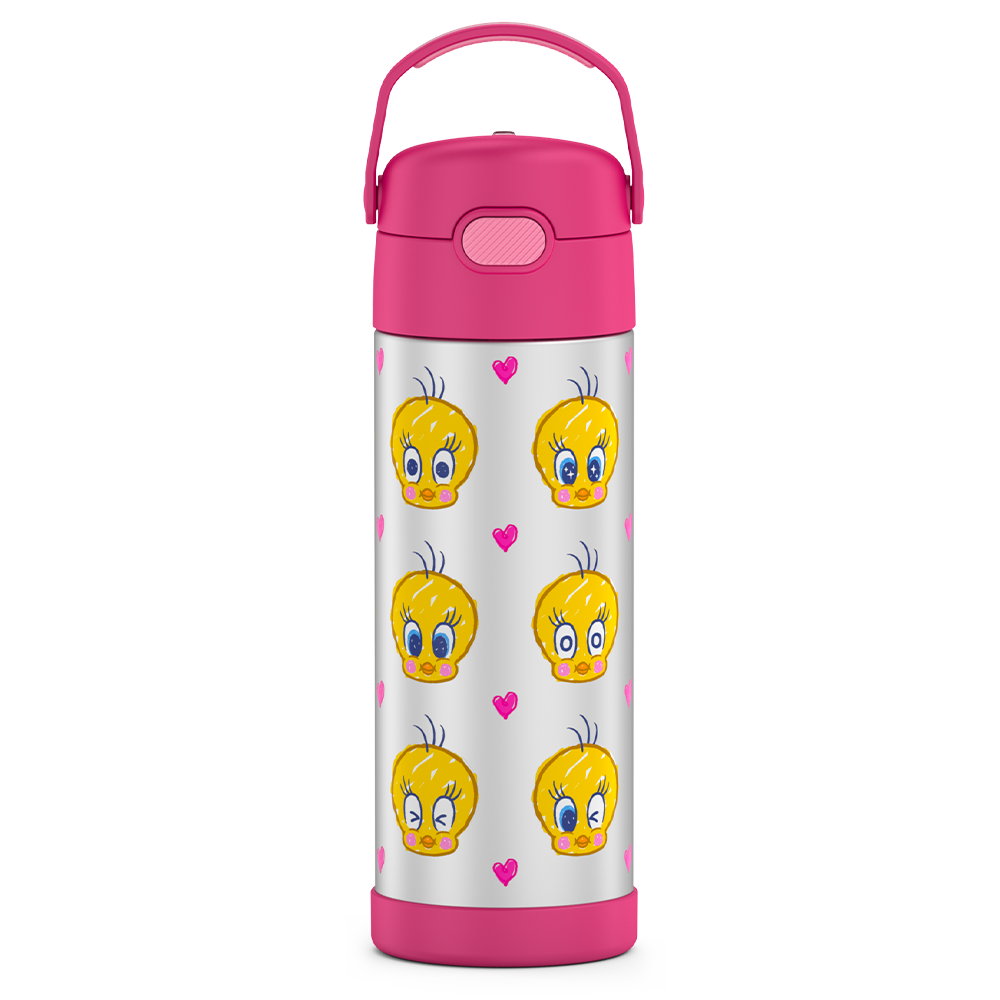 16-ounce Kids Stainless Steel Water Bottle with Spout,  front view, Tweety Bird, Pink.