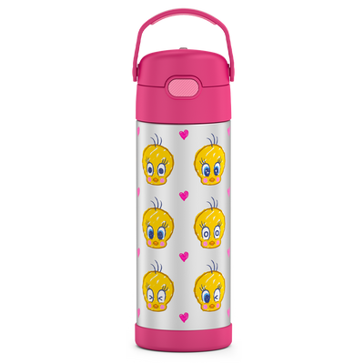 16-ounce Kids Stainless Steel Water Bottle with Spout,  front view, Tweety Bird, Pink.