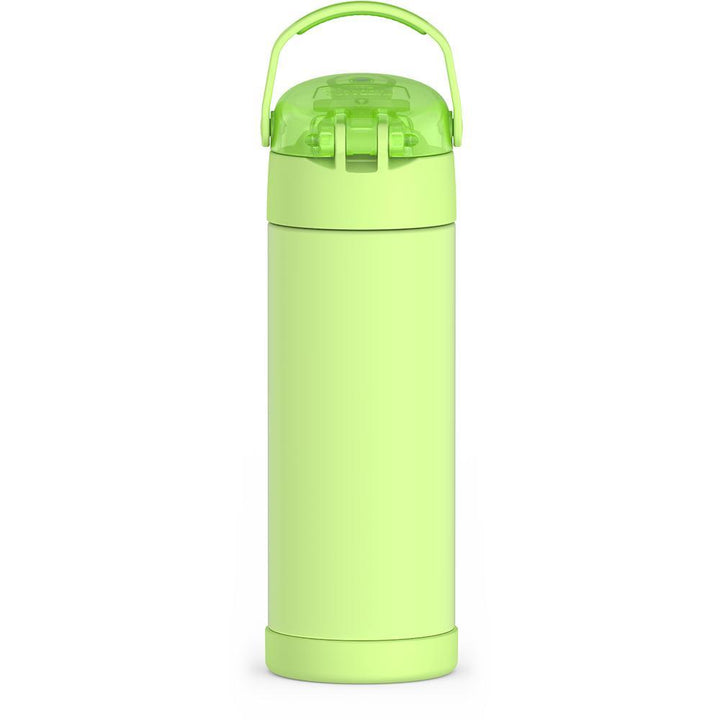 16-ounce Funtainer Stainless Steel Water Bottle with Spout and locking lid,  back view, handle up, Neon Lime.
