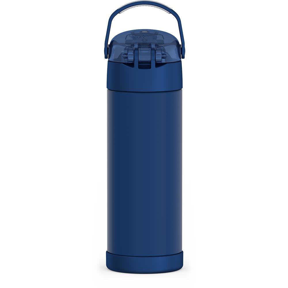 16-ounce Funtainer Stainless Steel Water Bottle with Spout and locking lid,  back view, handle up, Dark Navy.