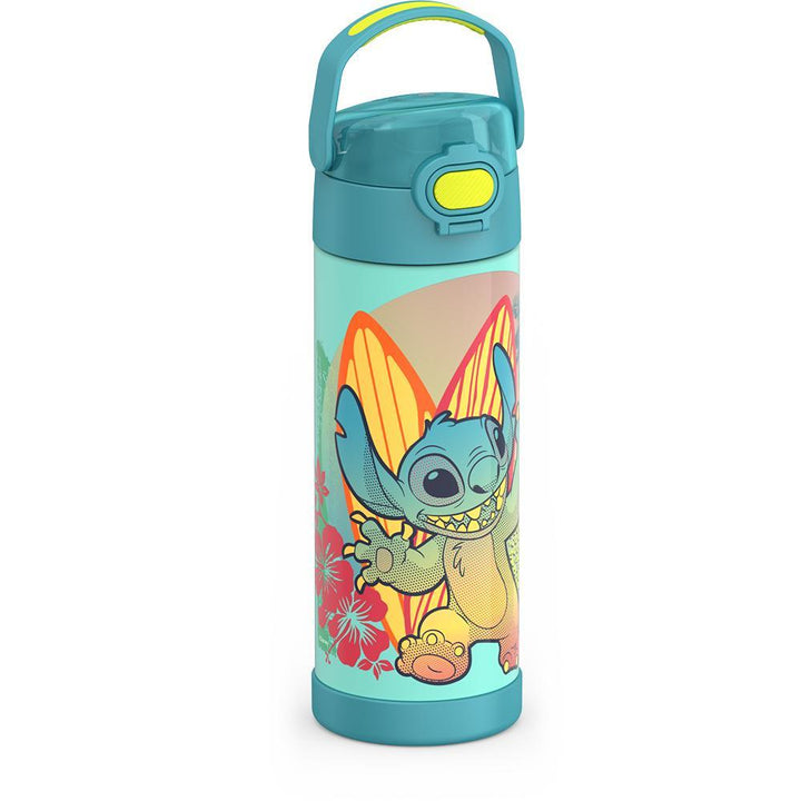16-ounce Funtainer Stainless Steel Water Bottle with Spout, Stitch, Blue, side view, handle up.