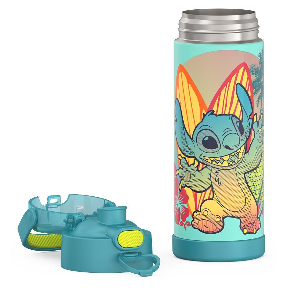 16-ounce Funtainer Stainless Steel Water Bottle with Spout, Stitch, Blue, unassembled - lid removed.