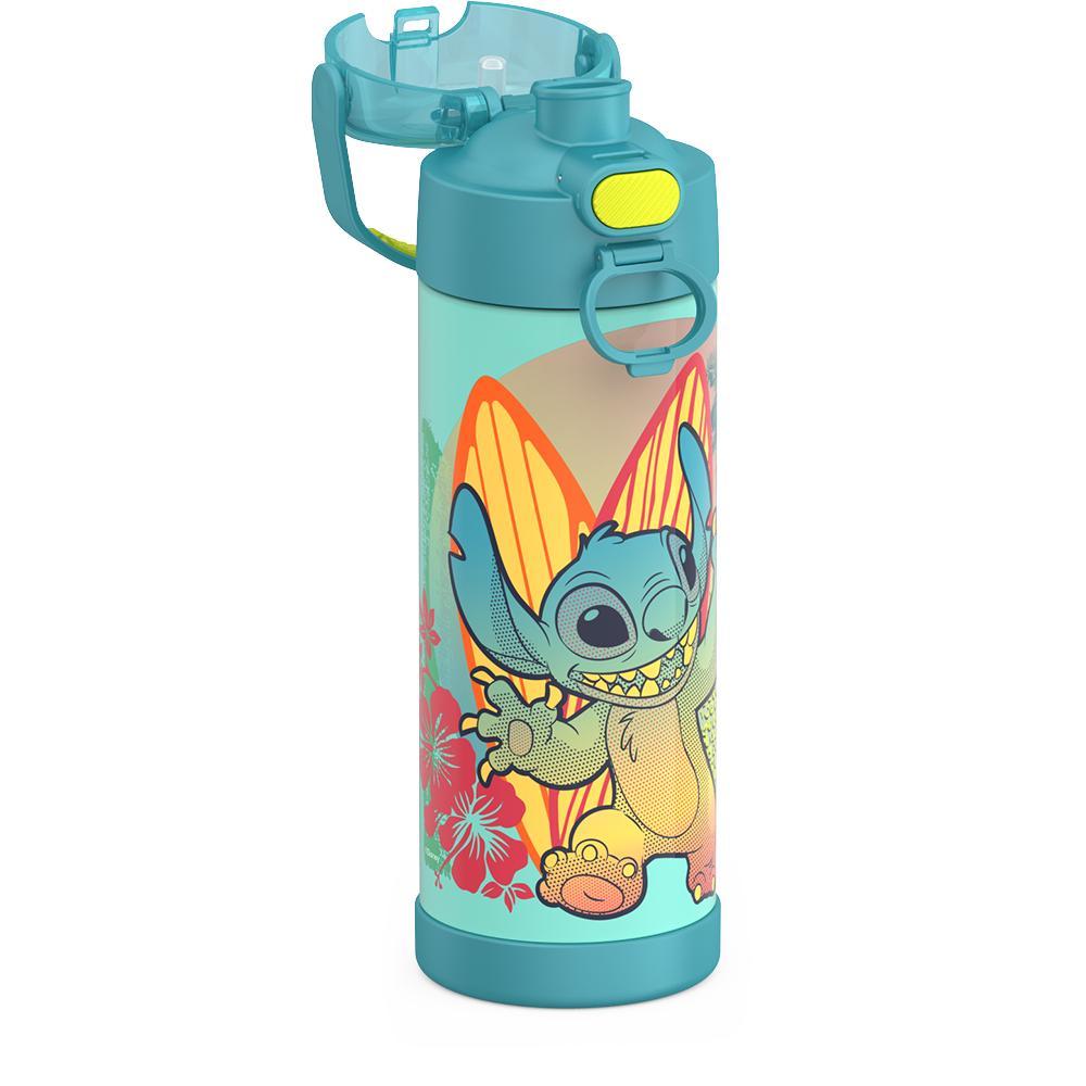 16-ounce Funtainer Stainless Steel Water Bottle with Spout, Stitch, Blue, side view, lid open showing spout.