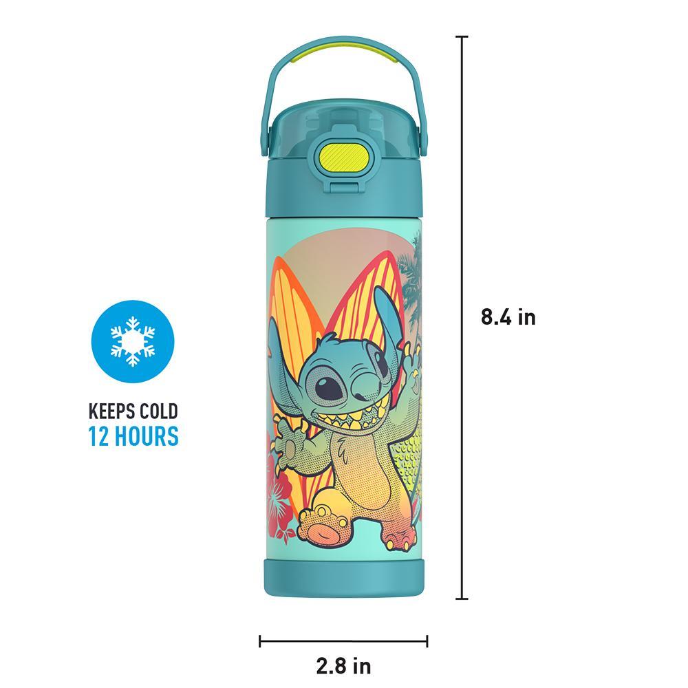 16-ounce Funtainer Stainless Steel Water Bottle with Spout, Stitch, Blue, front view with handle up. 8.4 inches tall, 2.8 inches wide at base. Keeps Cold 12 Hours.