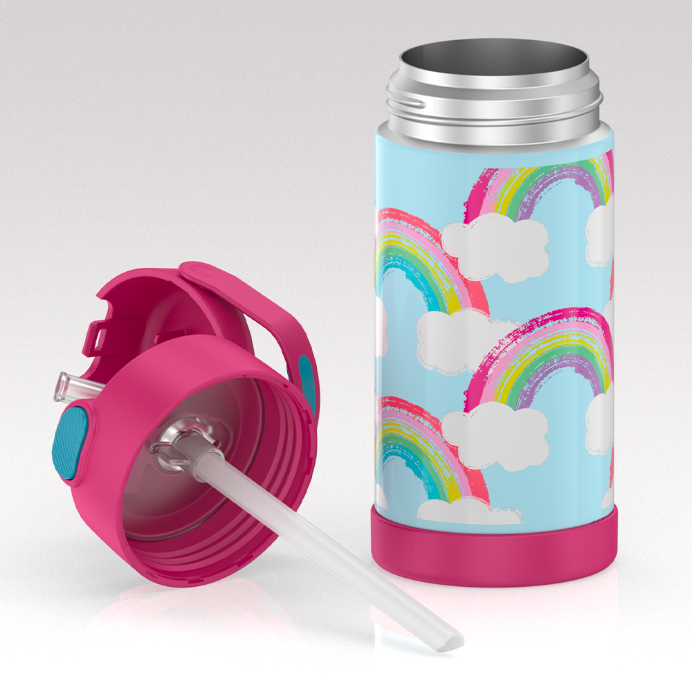 12 ounce Funtainer water bottle, rainbows and clouds Pattern, unassembled - lid removed.