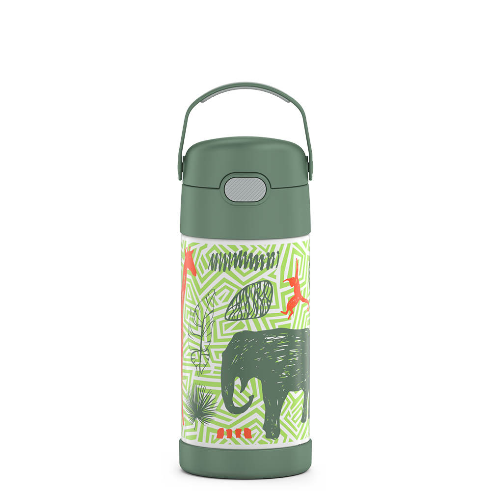 12 ounce Funtainer water bottle, Jungle Kingdom Pattern.