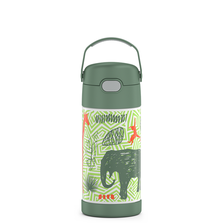 12 ounce Funtainer water bottle, Jungle Kingdom Pattern.