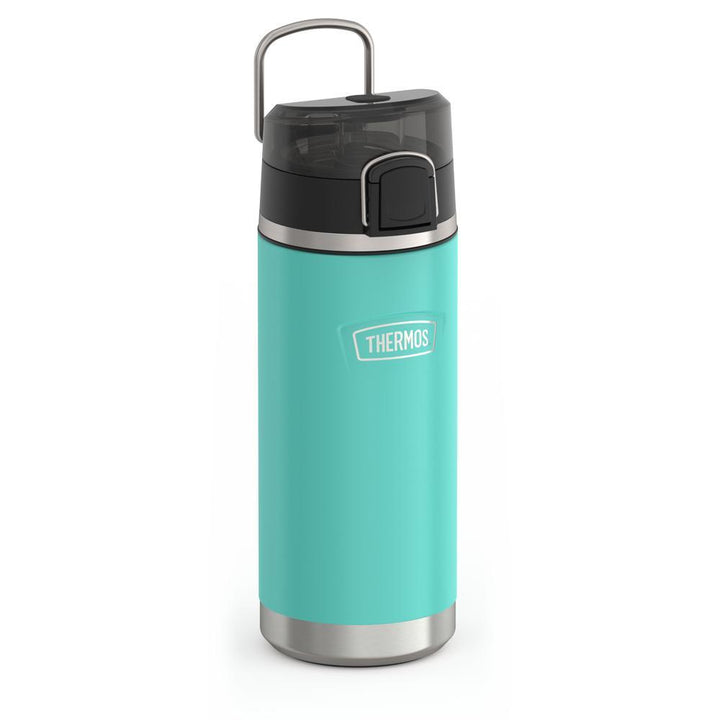 Thermos 18 ounce Stainless Steel Water Bottle with locking, covered spout lid, side view with metal handle up, Seafoam.