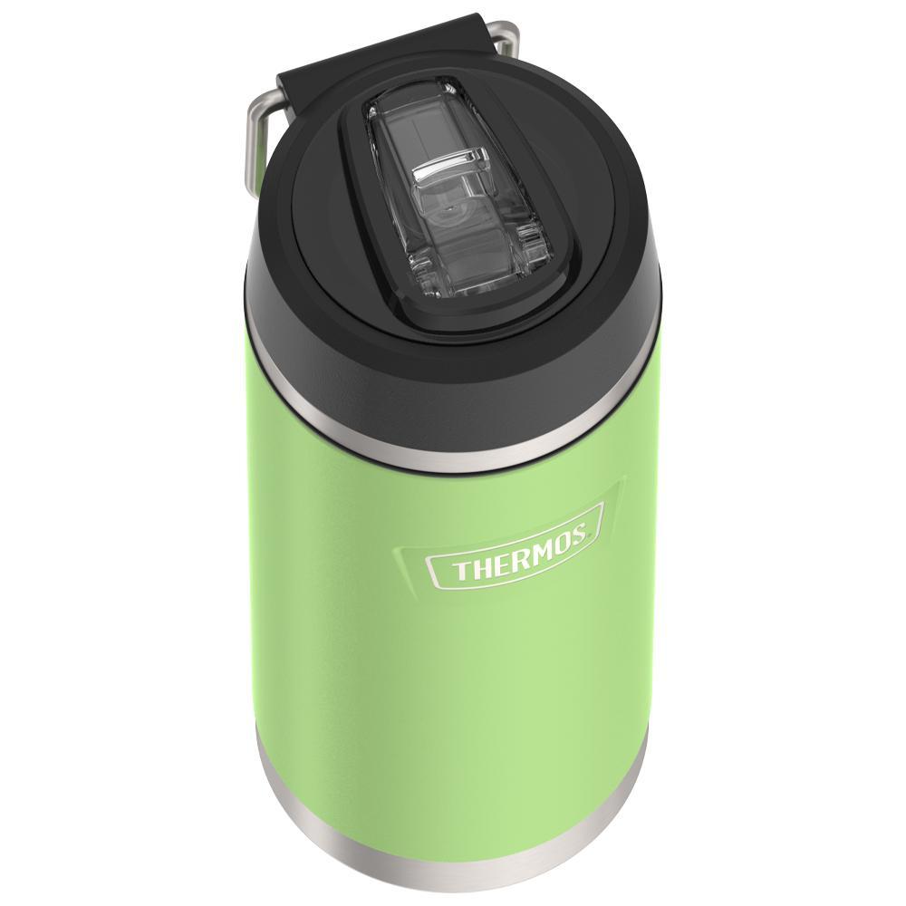 Thermos 18 ounce Stainless Steel Water Bottle with flip-up straw, top view with straw flipped down, Lime Green.