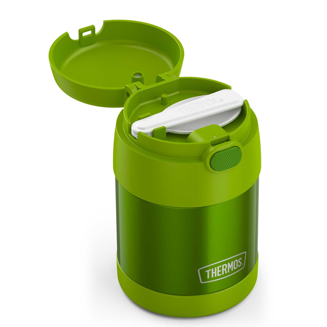 10 ounce Funtainer food jar, spoon compartment open to show foldable spoon.