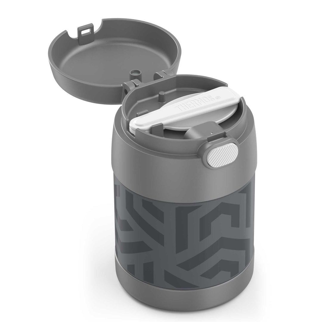 10 ounce Funtainer food jar, grey geometric pattern side view with lid open to show folded spoon in spoon compartment.