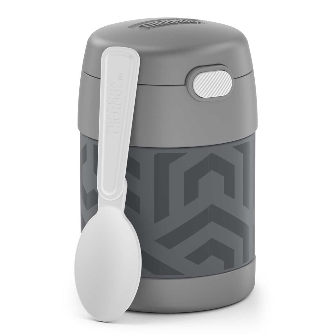 10 ounce Funtainer food jar, grey geometric pattern with spoon unfolded and resting on jar.