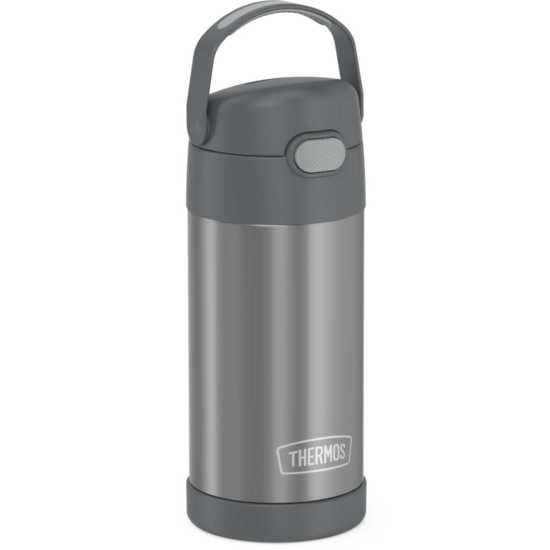 12 ounce Funtainer water bottle, side view, grey.