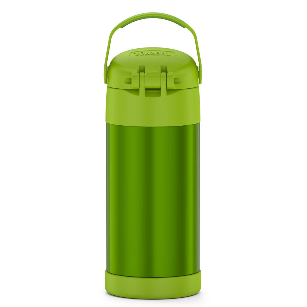 12 ounce Funtainer water bottle, back view, lime green.
