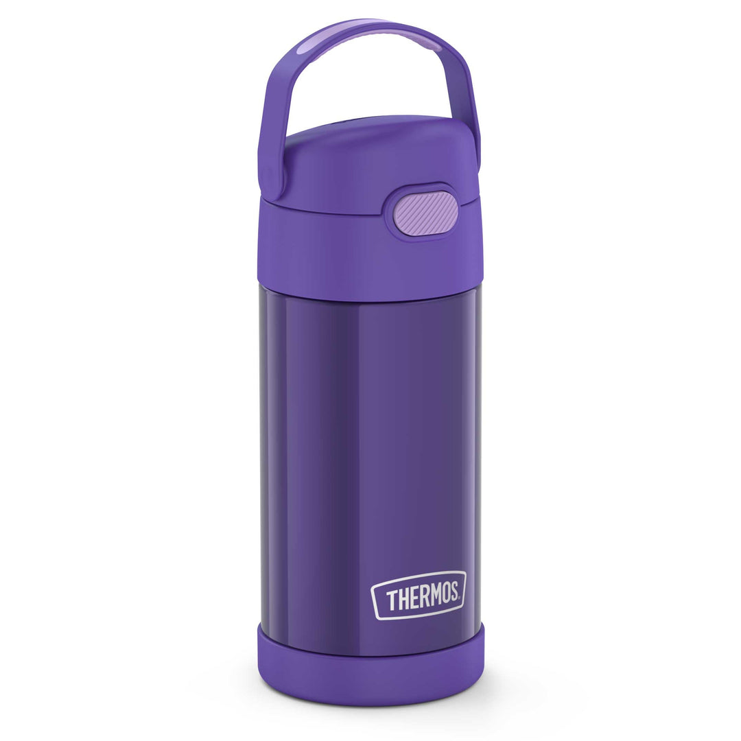 12 ounce Funtainer water bottle, side view, purple.