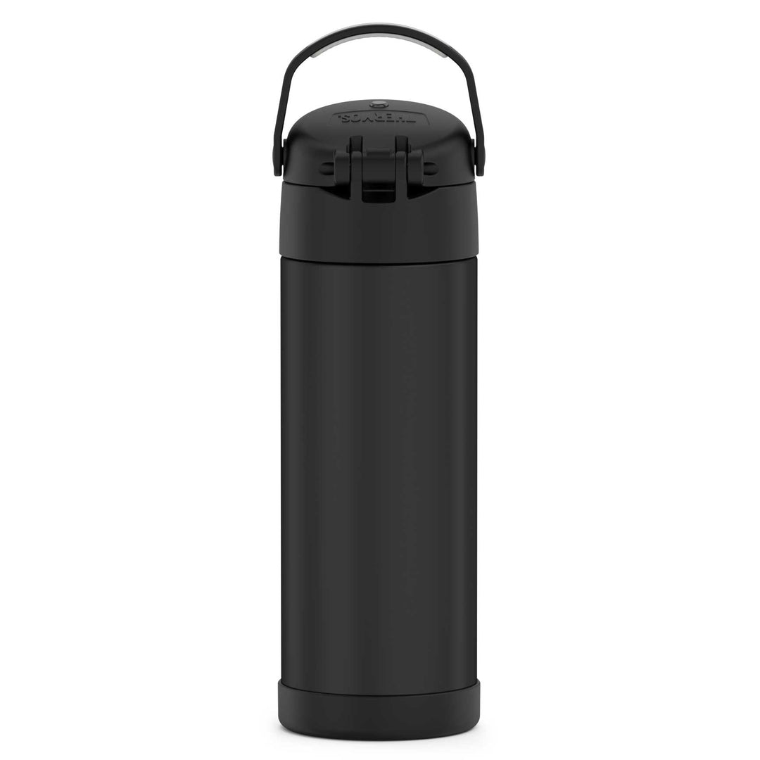 16-ounce Funtainer Stainless Steel Water Bottle with Spout, back view, handle up, Black.