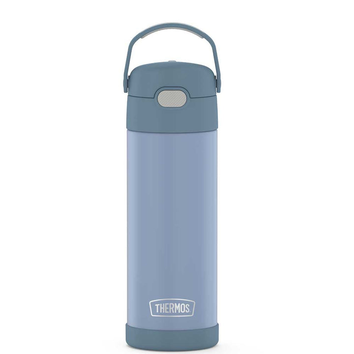 16-ounce Funtainer Stainless Steel Water Bottle with Spout, front view, Denim Blue.