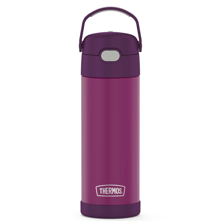 16-ounce Funtainer Stainless Steel Water Bottle with Spout, Red Violet, front view, handle up.